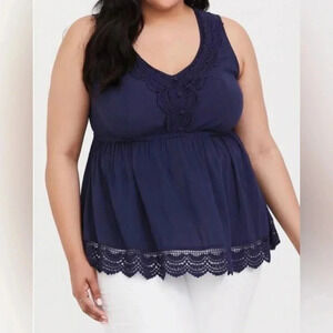 Torrid Babydoll Challis With Crochet Trim Tank Size 0 Navy